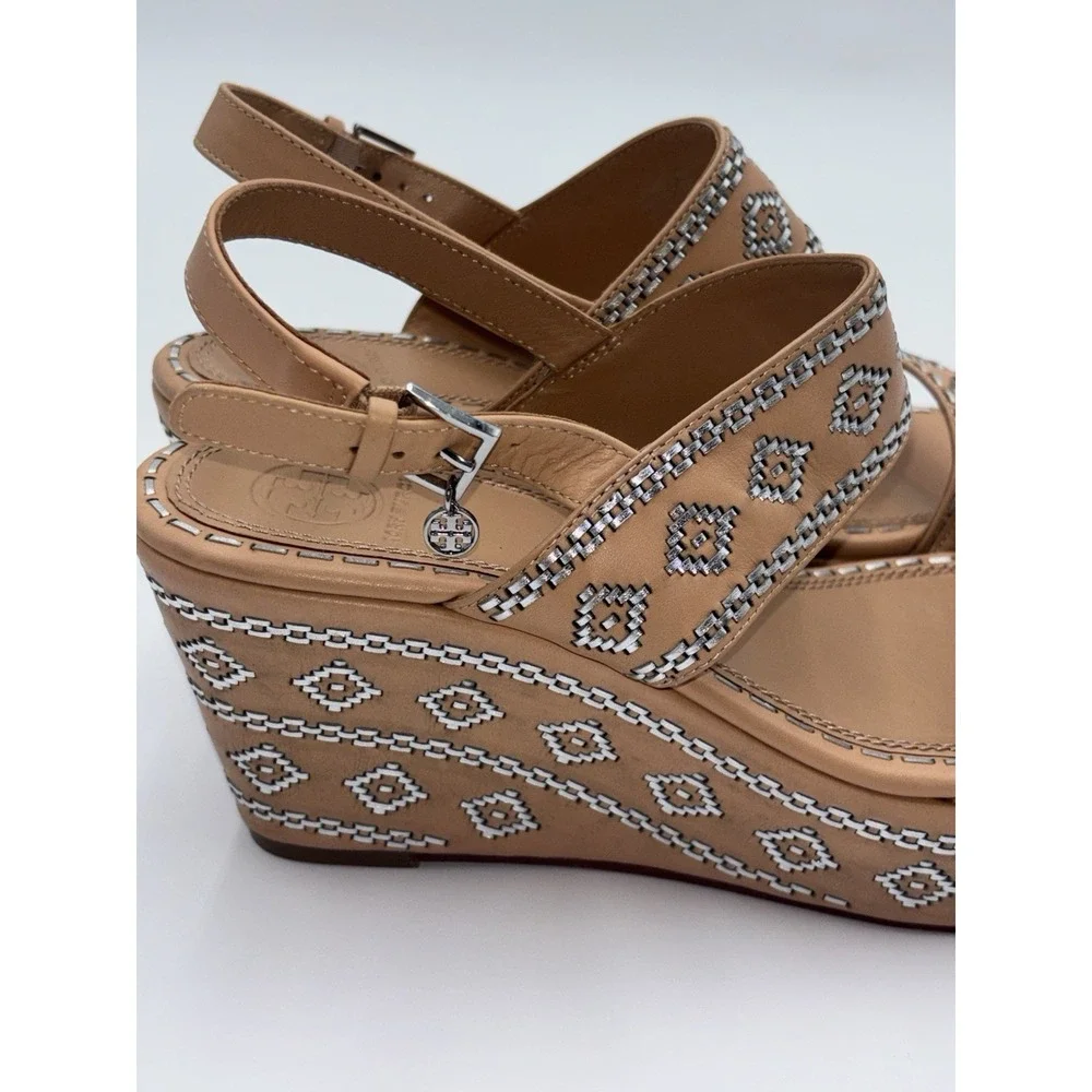 Tory Burch Reena Wedge‎ Sandals Womens 9.5M Tan Leather Embroidered Platform